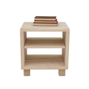 May include: A light wood end table with two shelves and four legs. A stack of books sits on the top shelf.