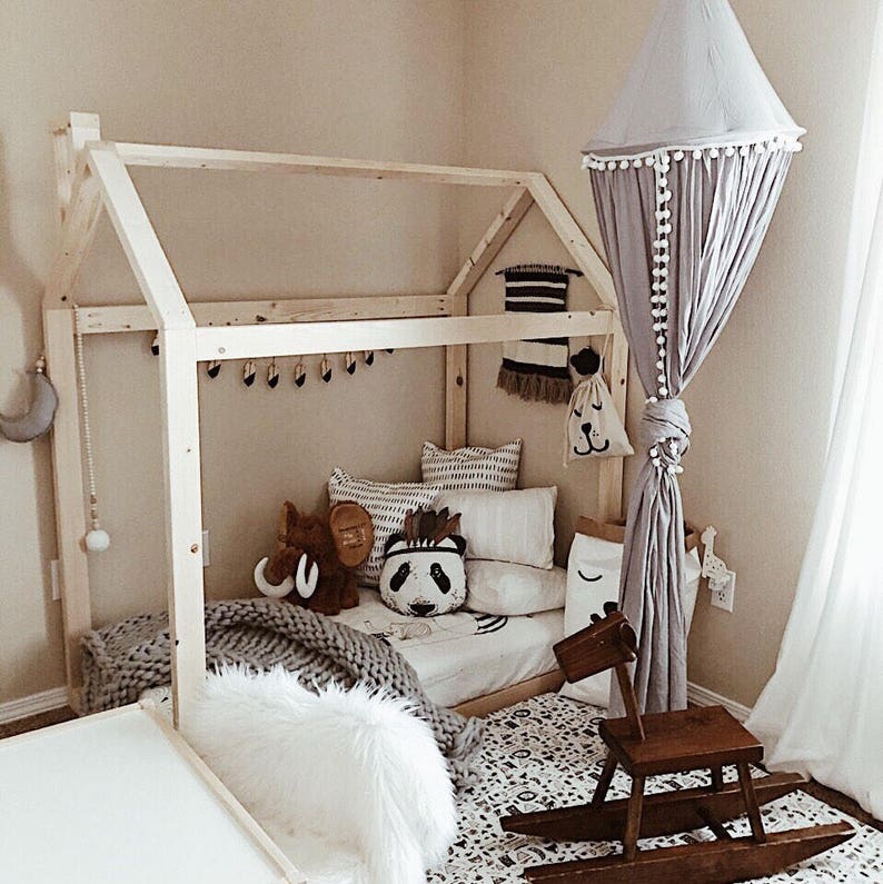 Toddler House Bed Frame With Mattress Slats and Chimney Etsy