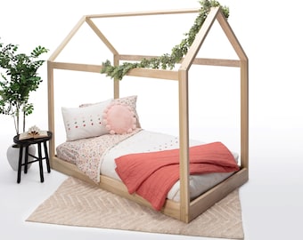 Twin Floor House Bed for Kids, Solid Wood Montessori-Style Bed, USA Made