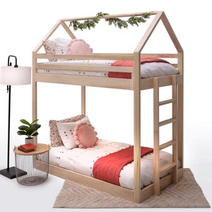 Twin Over Twin House Style Bunk Bed for Kids, Montessori Toddler Solid Wood Furniture