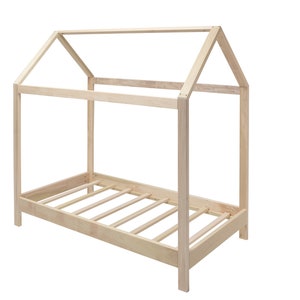 May include: A light-colored wooden bed frame featuring a house-shaped structure with a peaked roof design. The frame is constructed from smooth, unfinished wood beams and includes a slatted base for support, showcasing a simple, open-concept design.
