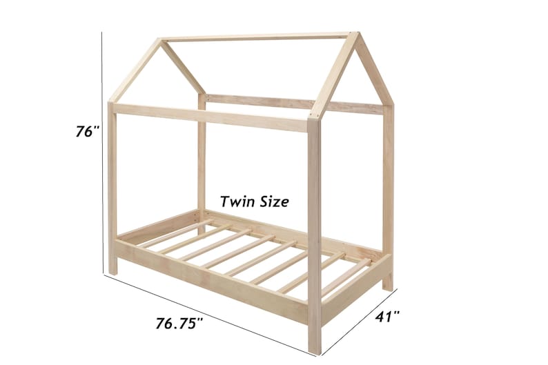 May include: A light-colored wooden house-shaped bed frame with a twin size design. The frame features a peaked roof structure and a slatted base. Dimensions are labeled as 76 inches in height, 76.75 inches in length, and 41 inches in width.