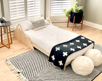 Montessori Floor Bed with Rails, Solid Wood Platform Bed for Kids, Mountain Design