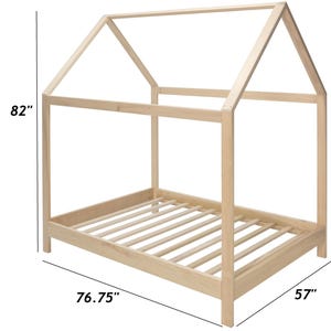 May include: A light-colored wooden house-shaped bed frame with a slatted base. The frame features a peaked roof design and is labeled with dimensions of 82 inches in height, 76.75 inches in length, and 57 inches in width.