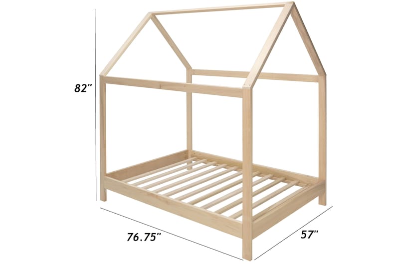May include: A light-colored wooden house-shaped bed frame with a slatted base. The frame features a peaked roof design and is labeled with dimensions of 82 inches in height, 76.75 inches in length, and 57 inches in width.
