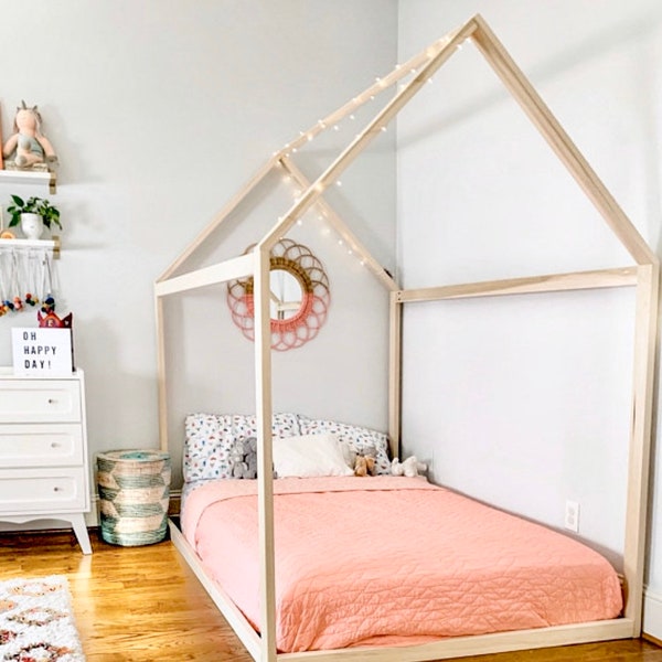 Cama Montessori para niños, tamaño completo, compacta, de madera maciza.