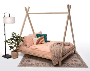 Solid Wood Montessori Teepee Floor Bed Frame for Toddlers - Chemical-Free, USA-Made House Design