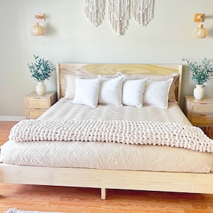 Solid Wood Platform Bed Frame with Headboard, Low Profile Minimalist Bed, All Sizes