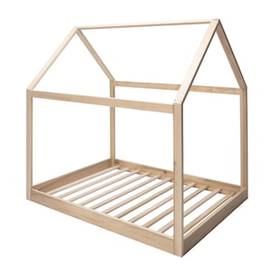 May include: A light-colored wooden bed frame shaped like a house, featuring a rectangular base with horizontal slats and an open-frame roof structure constructed from four vertical posts and angled beams meeting at a central peak.