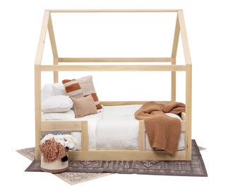 Handcrafted Montessori Twin Floor Bed Frame with Rails - Natural Wood Toddler Furniture Made in USA