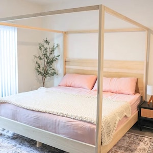 Handcrafted Full Size Low Wooden Canopy Bed Frame - American-Made Farmhouse Bedroom Furniture
