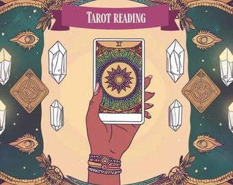 May include: A hand holding a smartphone displaying a tarot card with the number II and a colorful mandala design. The background features a green and gold design with crystals and eyes.