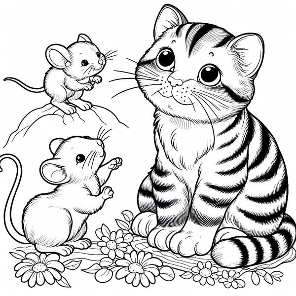 10 Cat and mouse Coloring Pages for Kids, Cat mouse Coloring Activity, Printable Cat and mouse Coloring Page, Instant Download, Cat Coloring