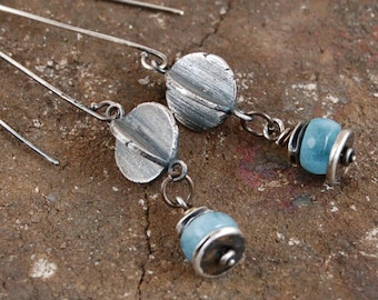 aquamarine silver earrings, long oxidized sterling silver earrings