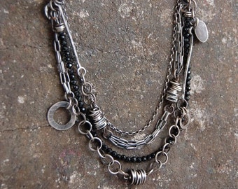 spinel silver layered necklace, silver multi strand boho necklace, asimetrical necklace