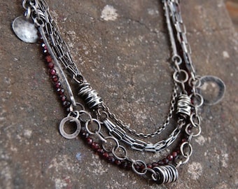 garnet silver layered necklace, silver multi strand necklace