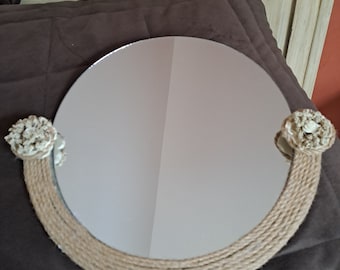 Miroir  rond esprit nature bordure chanvre décor fleurit 2 positions d accrochage