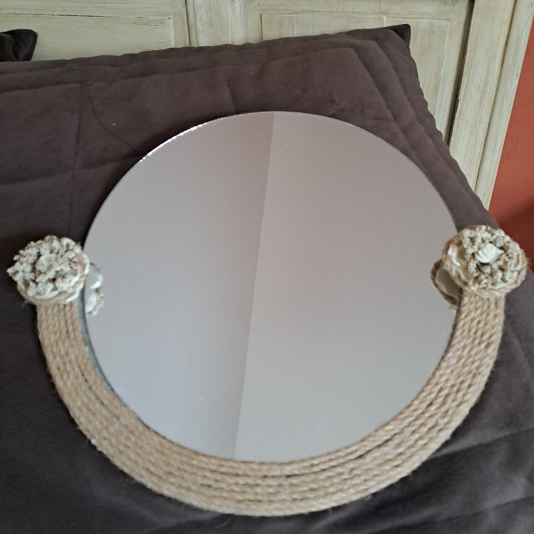 Miroir  rond esprit nature bordure chanvre décor fleurit 2 positions d accrochage