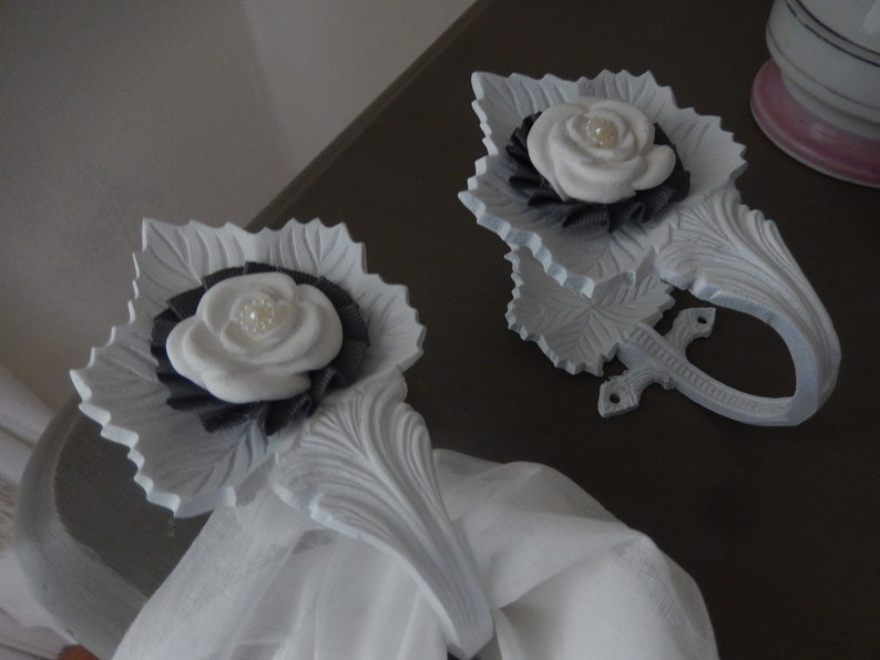 worn shabby curtain Tieback or sheer metal painted with roses decor