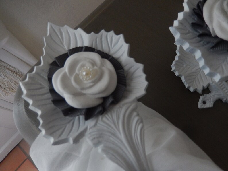 worn shabby curtain Tieback or sheer metal painted with roses decor