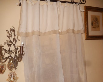 rideaux panneau voile organza blanc avec rabat cantonnière lin ivoire  bordé lin beige naturel