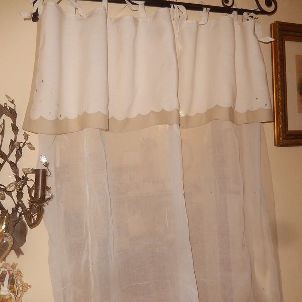 rideaux panneau voile organza blanc avec rabat cantonnière lin ivoire  bordé lin beige naturel