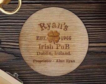Personalized Irish Bar Wooden Coaster. Custom Engraved with your name and year