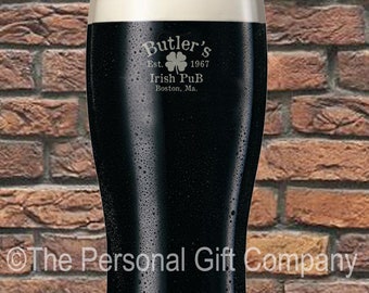 Custom Engraved Irish Family  Pint Glass. Personalized with your  Irish pub or bar  logo.