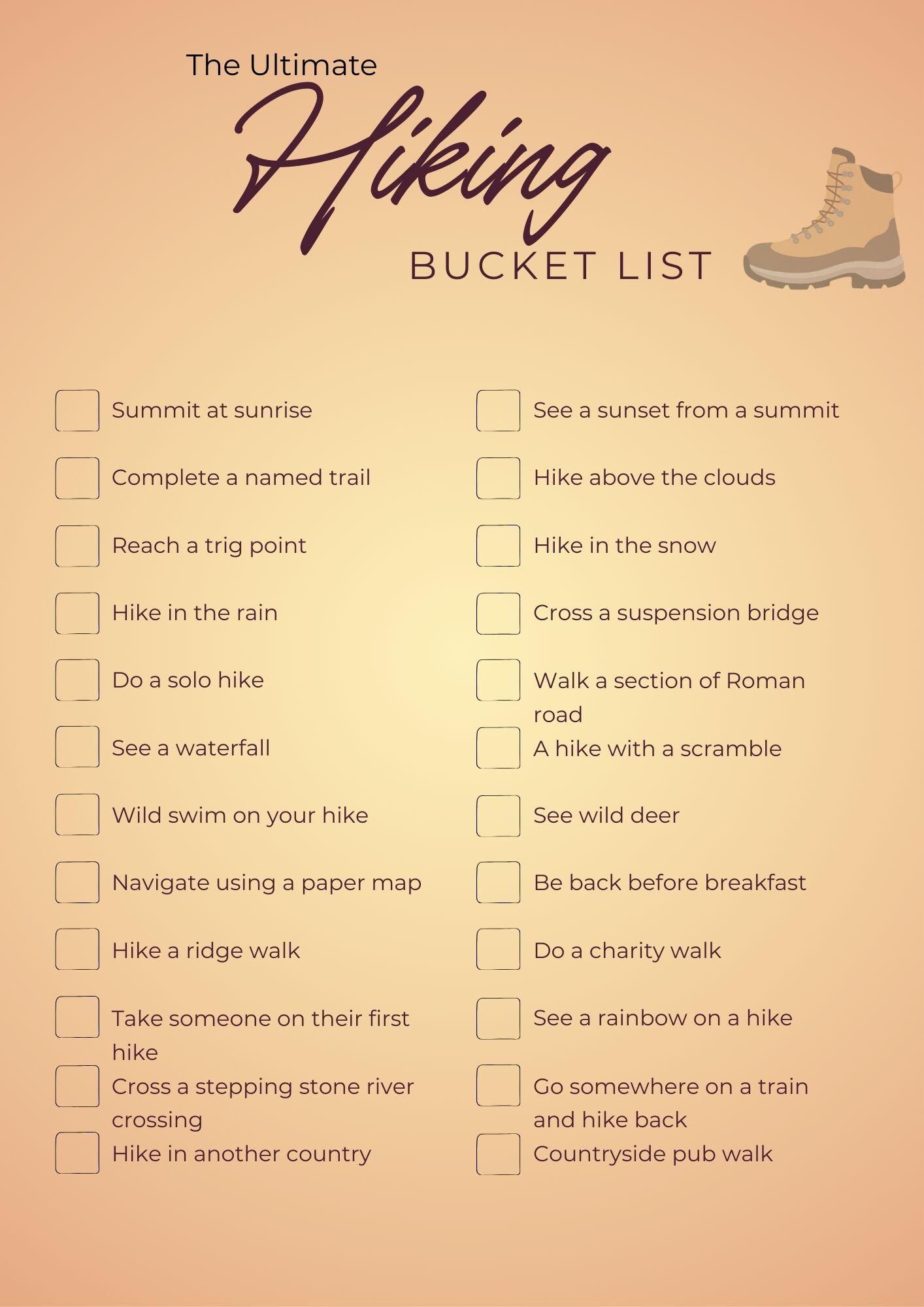 Hiking Bucket List Printable | Adventure Hiking Checklist | Outdoor ...