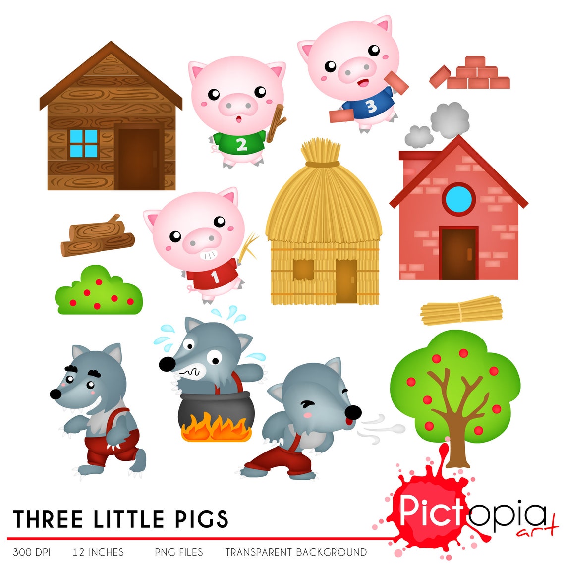 Three Little Pigs Clipart Kids Story Book Clip Art Animal | Etsy