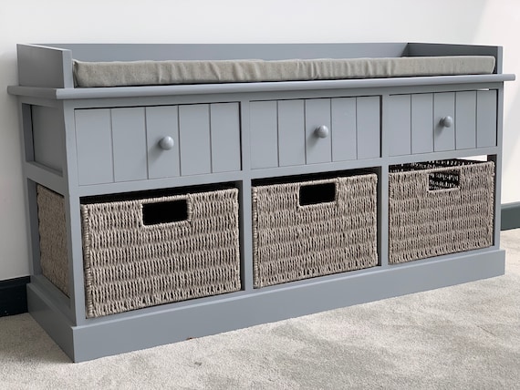 Elegant Grey Storage Bench With Baskets Sy Hallway Cushion Elegant Grey Storage Bench With Baskets, Bench With Cushion And Storage Baskets