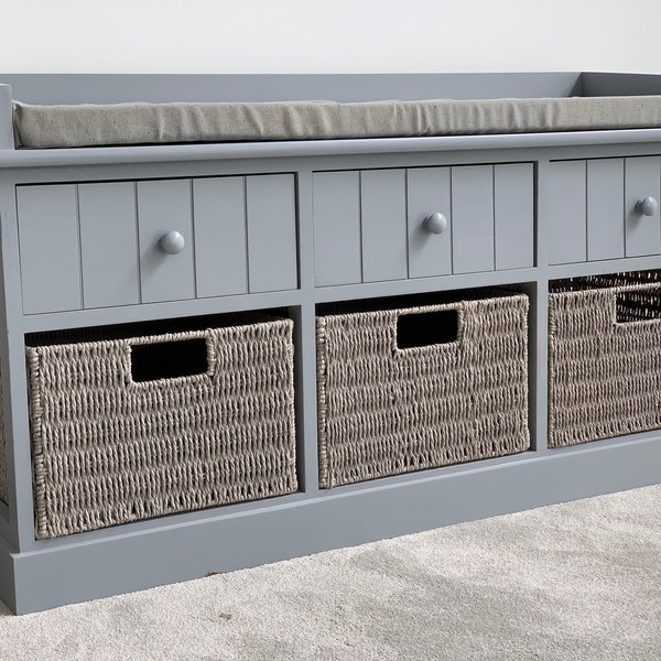 Elegant Grey Storage Bench With Baskets and Drawers Sturdy Hallway Cushion Seat Ready Assembled Nursery Bedroom