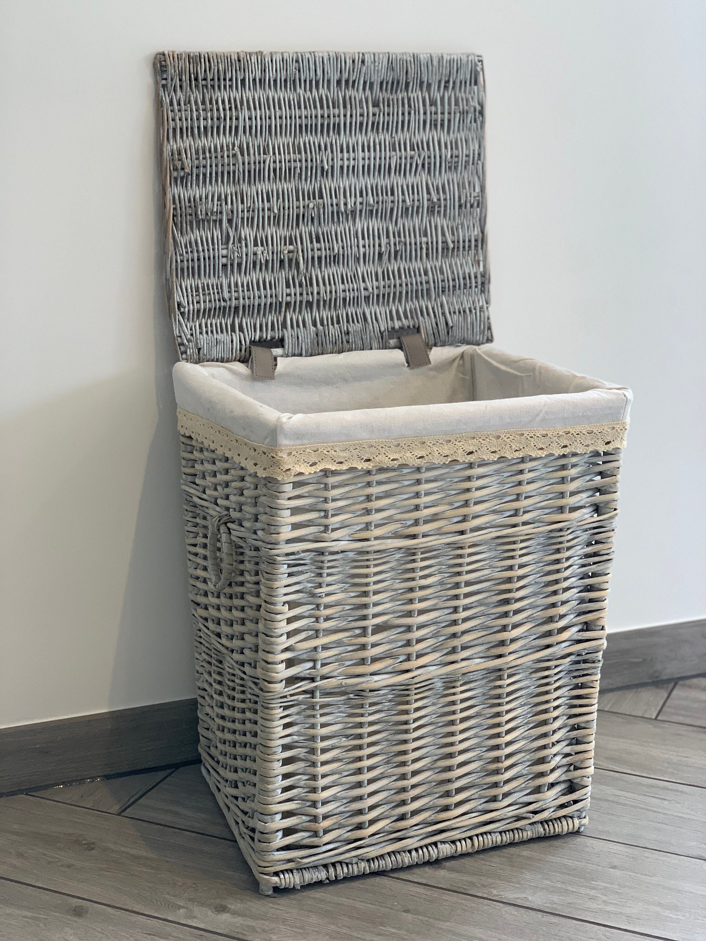 Large Rectangular Laundry Bin Linen Willow Wicker Basket With Lining Grey New UK 