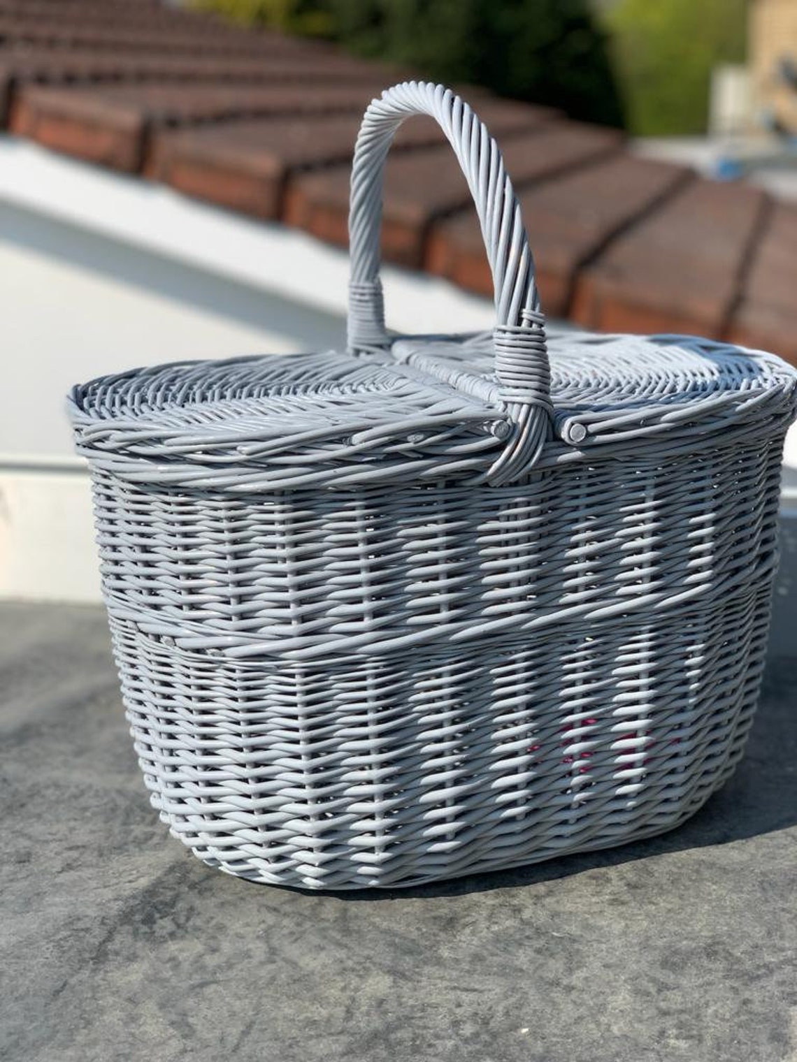 Home Delights Handmade Grey Oval Wicker Picnic Basket With Lid Etsy