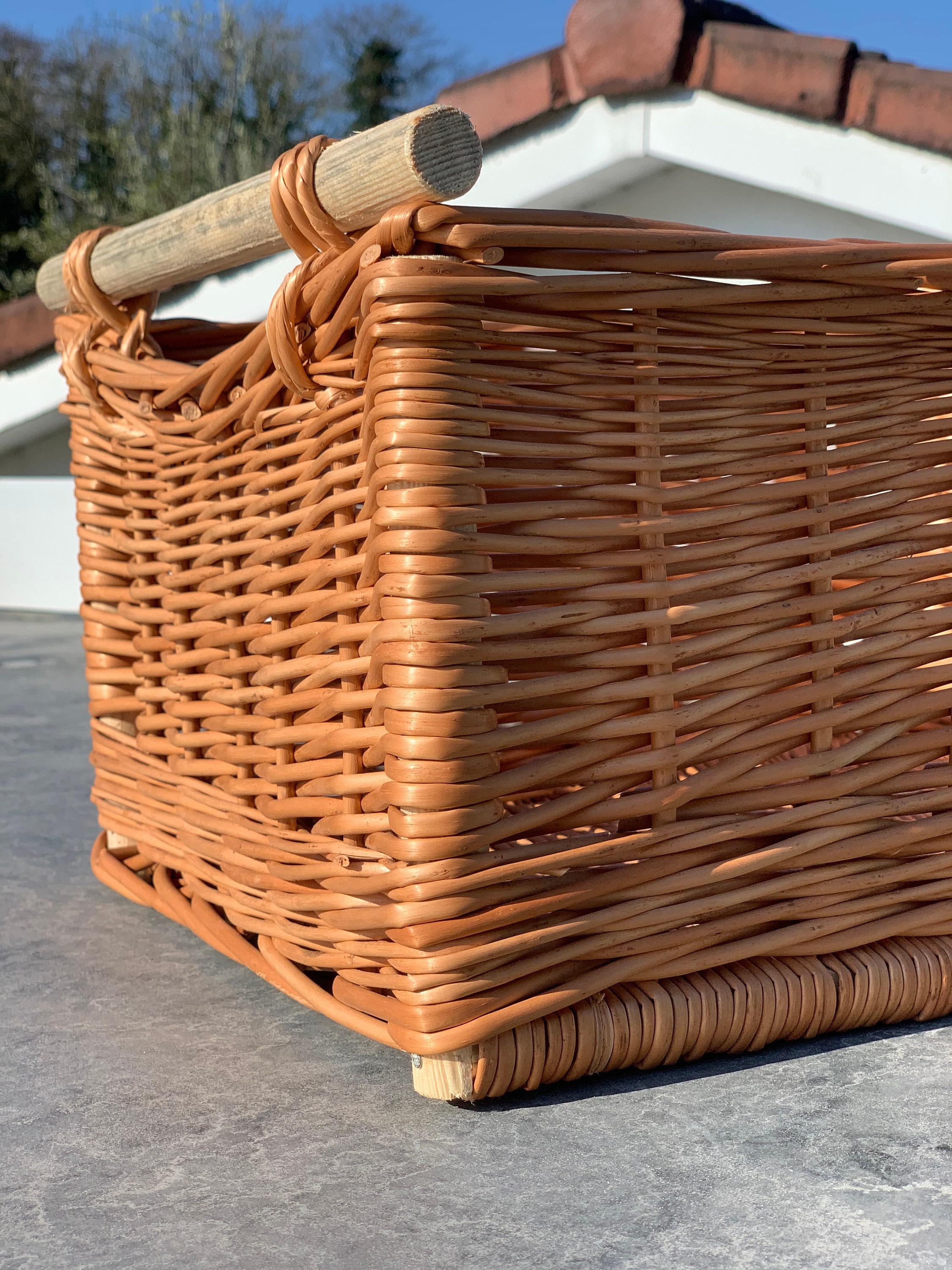 Nueva cesta de mimbre marrón con asas de madera doble mimbre | Etsy