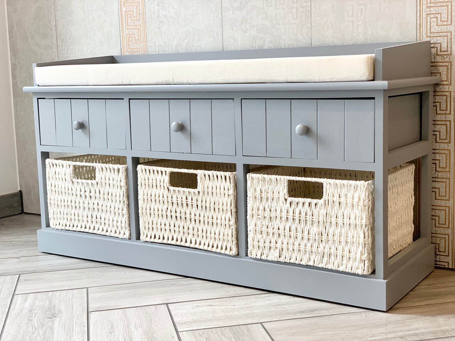 Home Delights Grey Storage Bench With 3 Drawers & 3 Cream Etsy