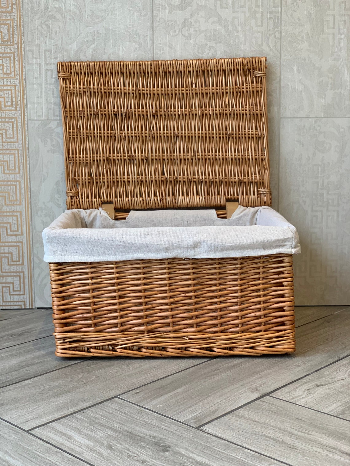 New Large Wicker Natural Style Basket With Lid And Lining Etsy
