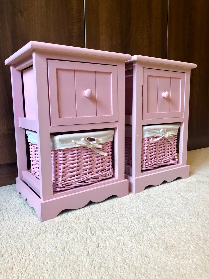Pink Bedside Table Wicker Storage Basket Bedroom Furniture Etsy