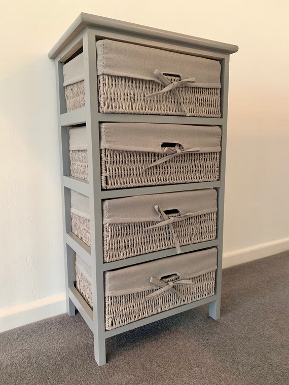Tall Grey Wicker Basket Drawers Wooden Ready Assembled Chest Etsy
