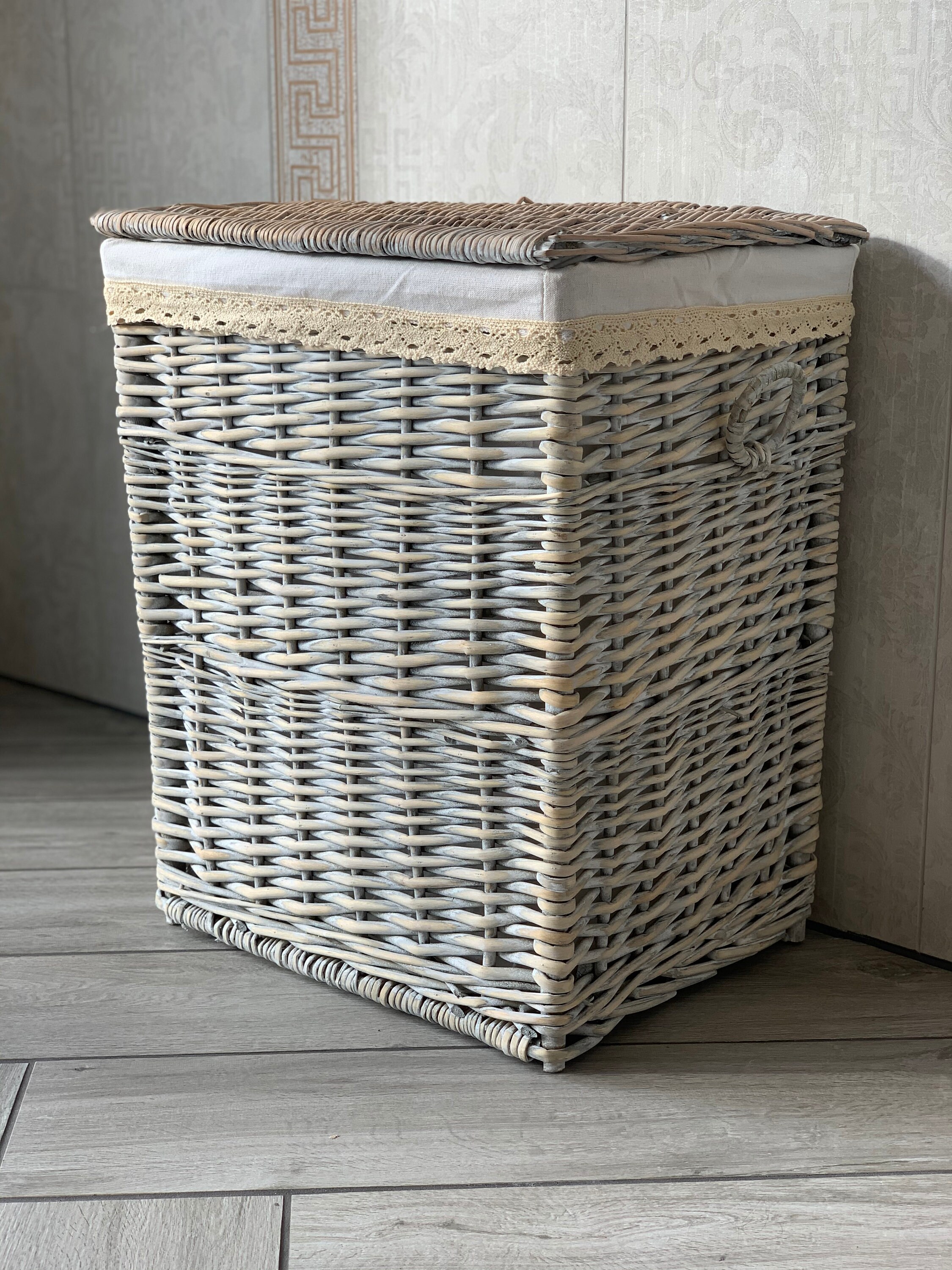 Large Grey Wicker Laundry Basket Shabby Chic Rustic Distressed Etsy