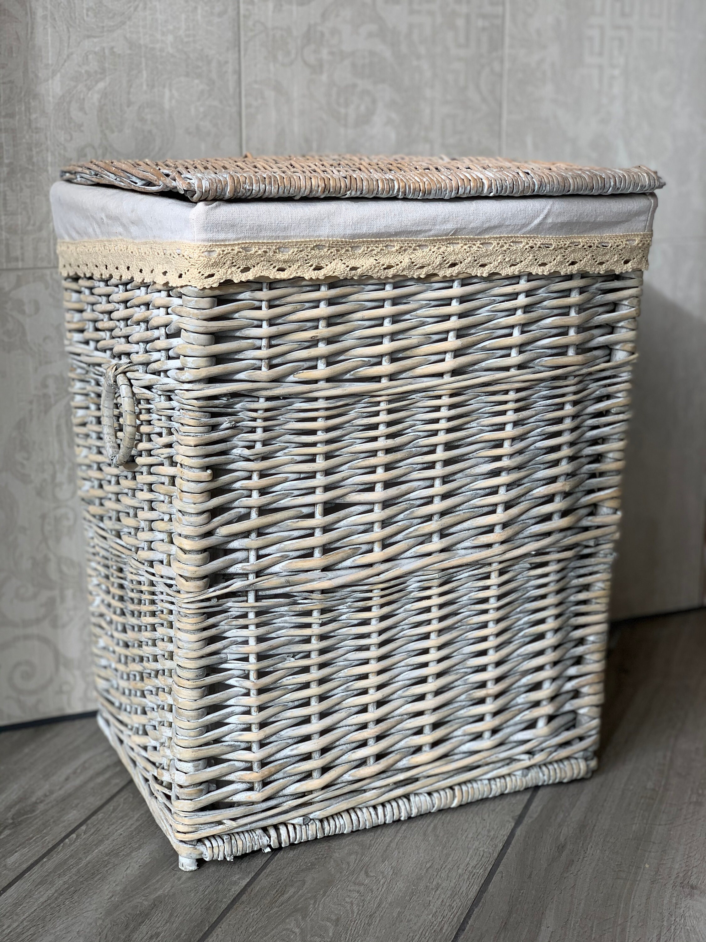 Large Grey Wicker Laundry Basket Shabby Chic Rustic Distressed Etsy