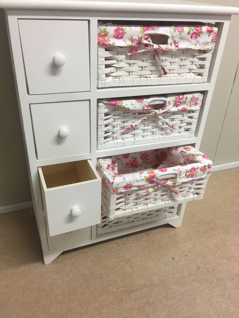 wicker drawer unit on White Wood Girly Pink Floral Chest Of Drawers Wicker Baskets Etsy