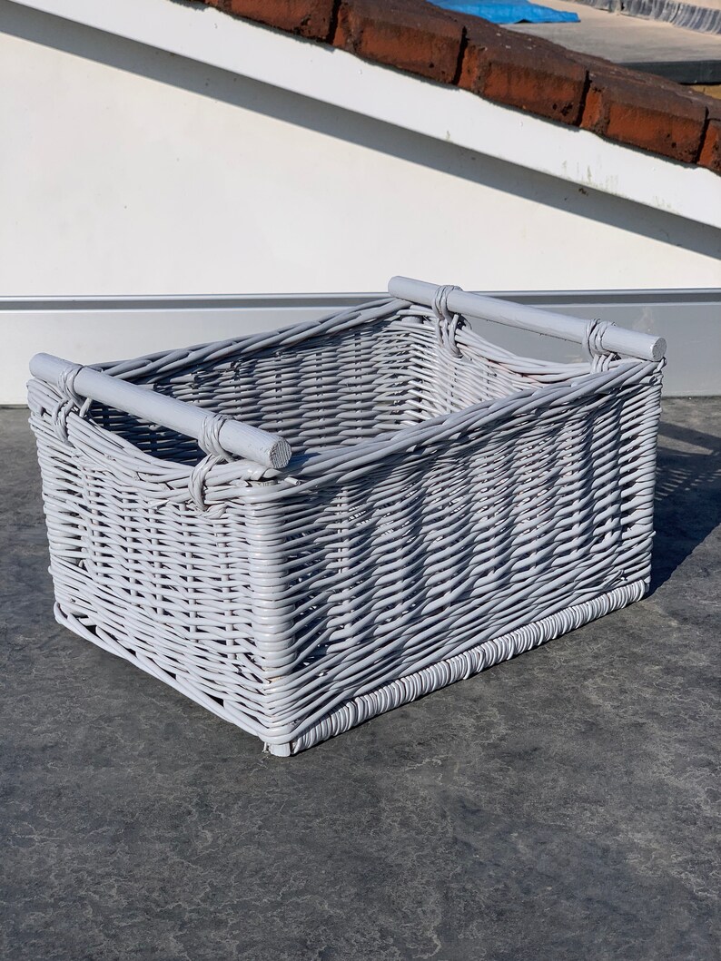 New Grey Wicker Basket With Wooden Handles Double Wicker For Etsy