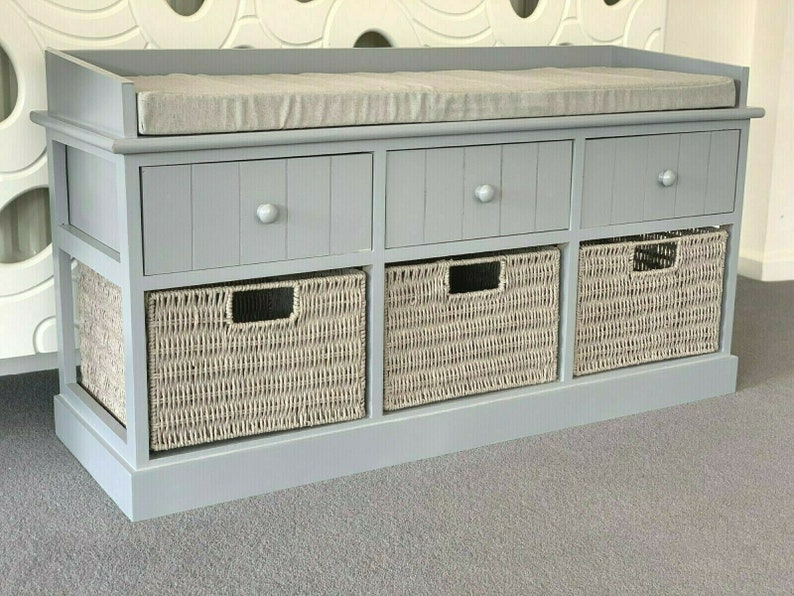 Elegant Grey Storage Bench With Baskets Sturdy Hallway Cushion Etsy