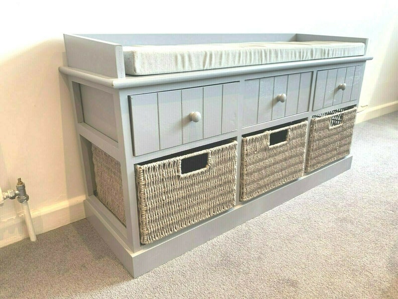 Elegant Grey Storage Bench With Baskets Sturdy Hallway Cushion Etsy