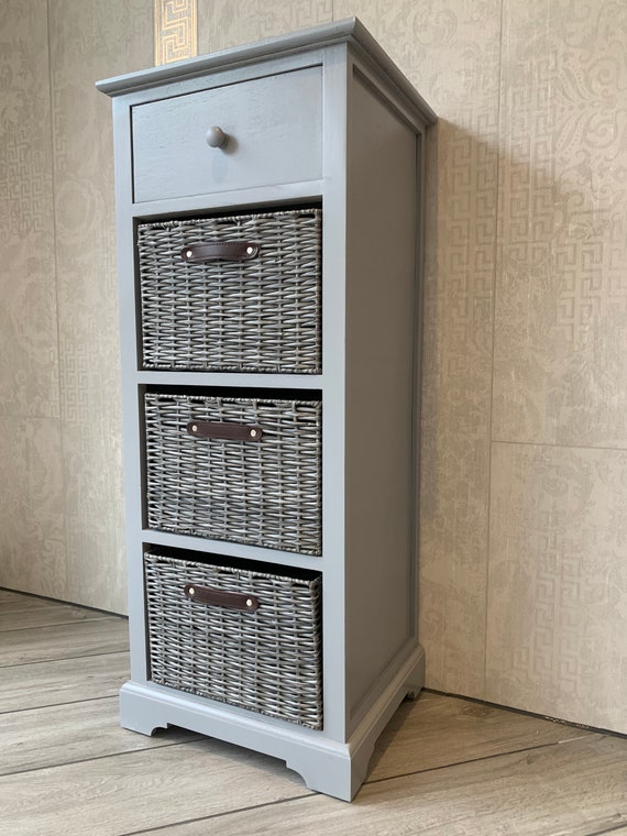Grey Modern Sleek Storage Unit Drawers Wicker Baskets Office Bedroom Living Room 