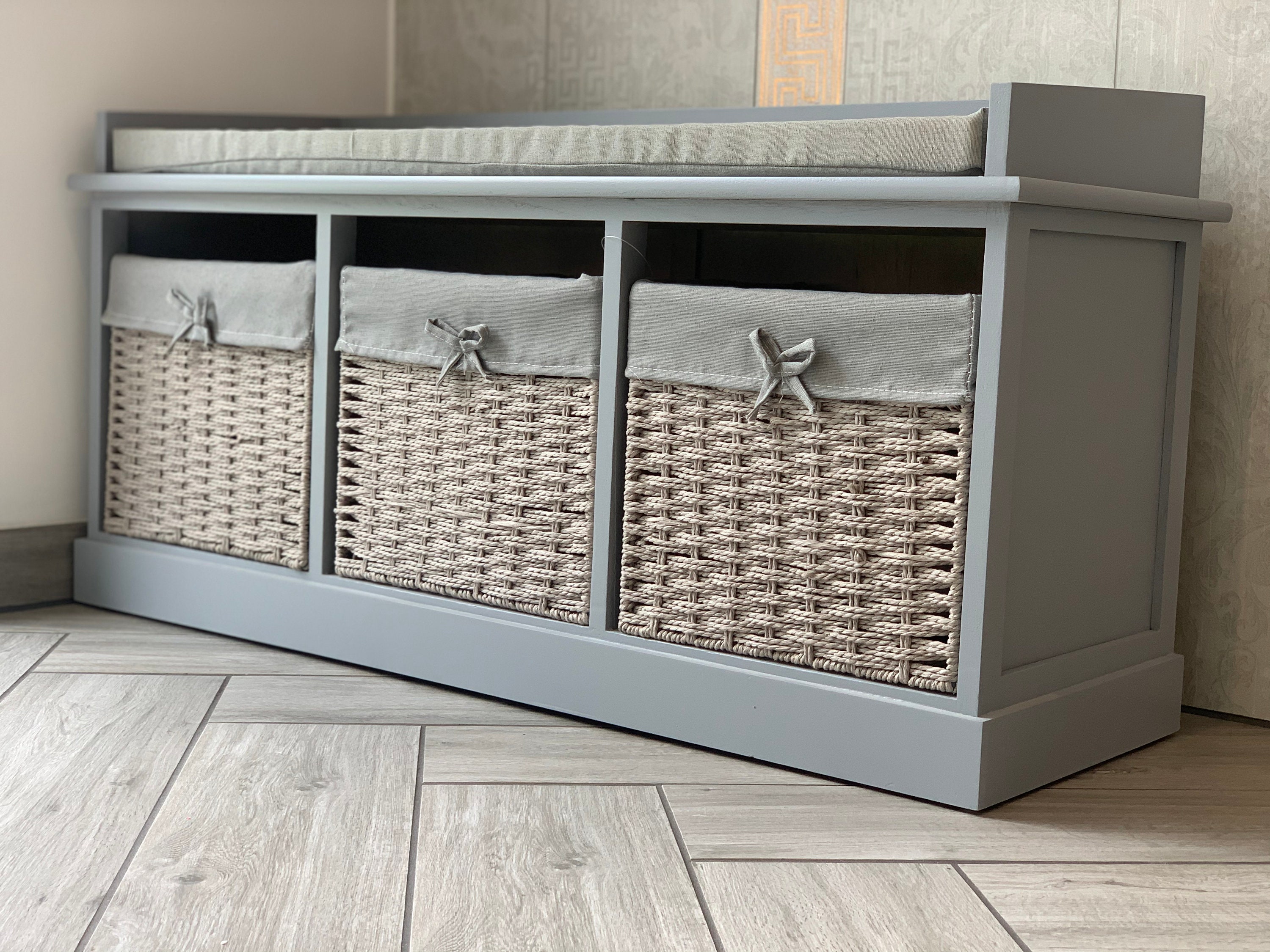 Home Delights Grey Storage Bench With 3 Baskets / Hallway Etsy