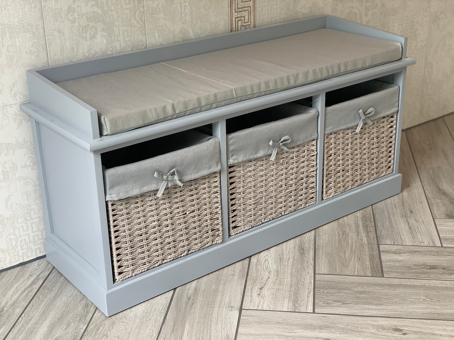 Elegant Grey Storage Bench With Baskets Sturdy Hallway Cushion Etsy