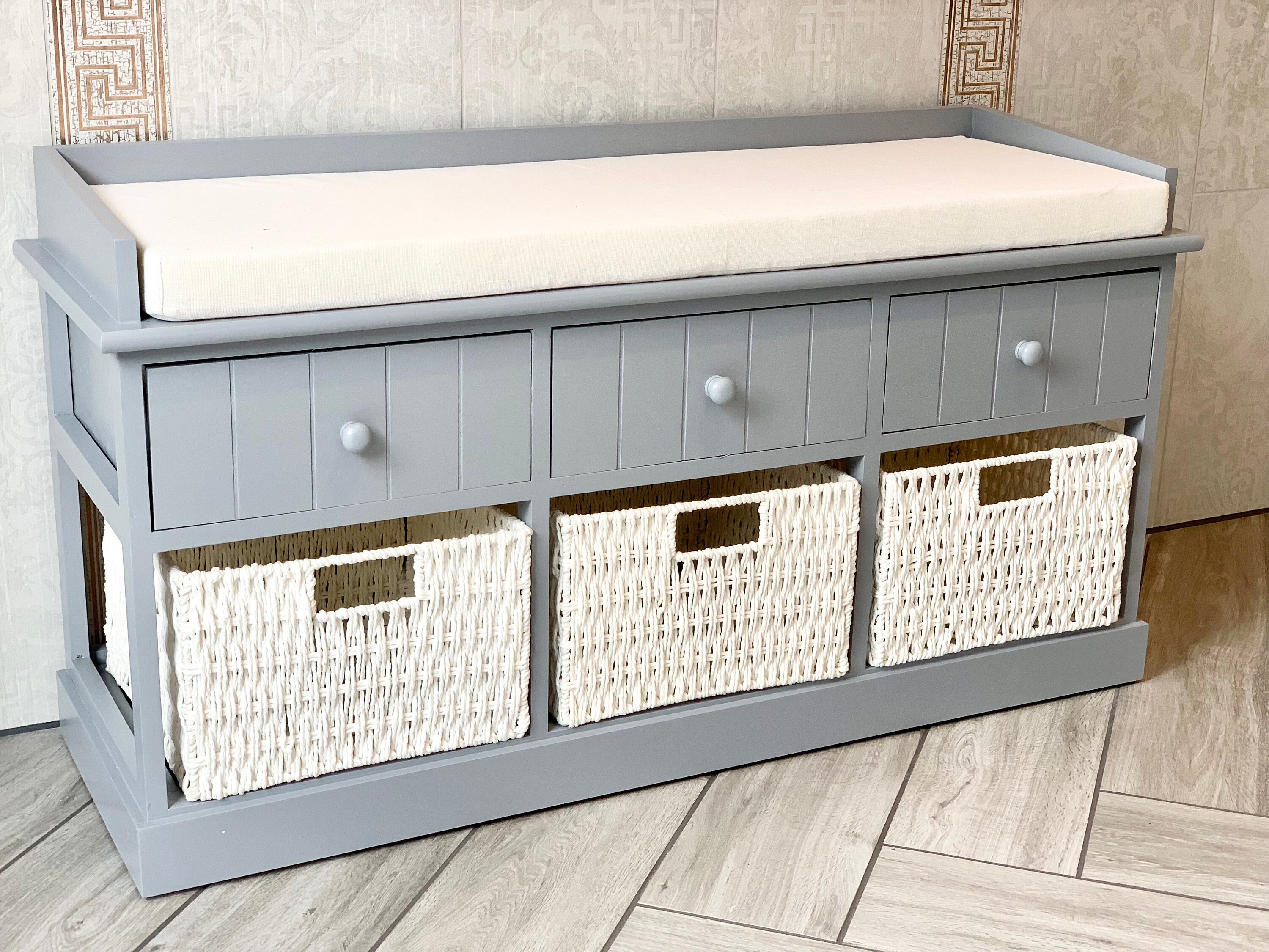 Home Delights Grey Storage Bench With 3 Drawers & 3 Cream Etsy