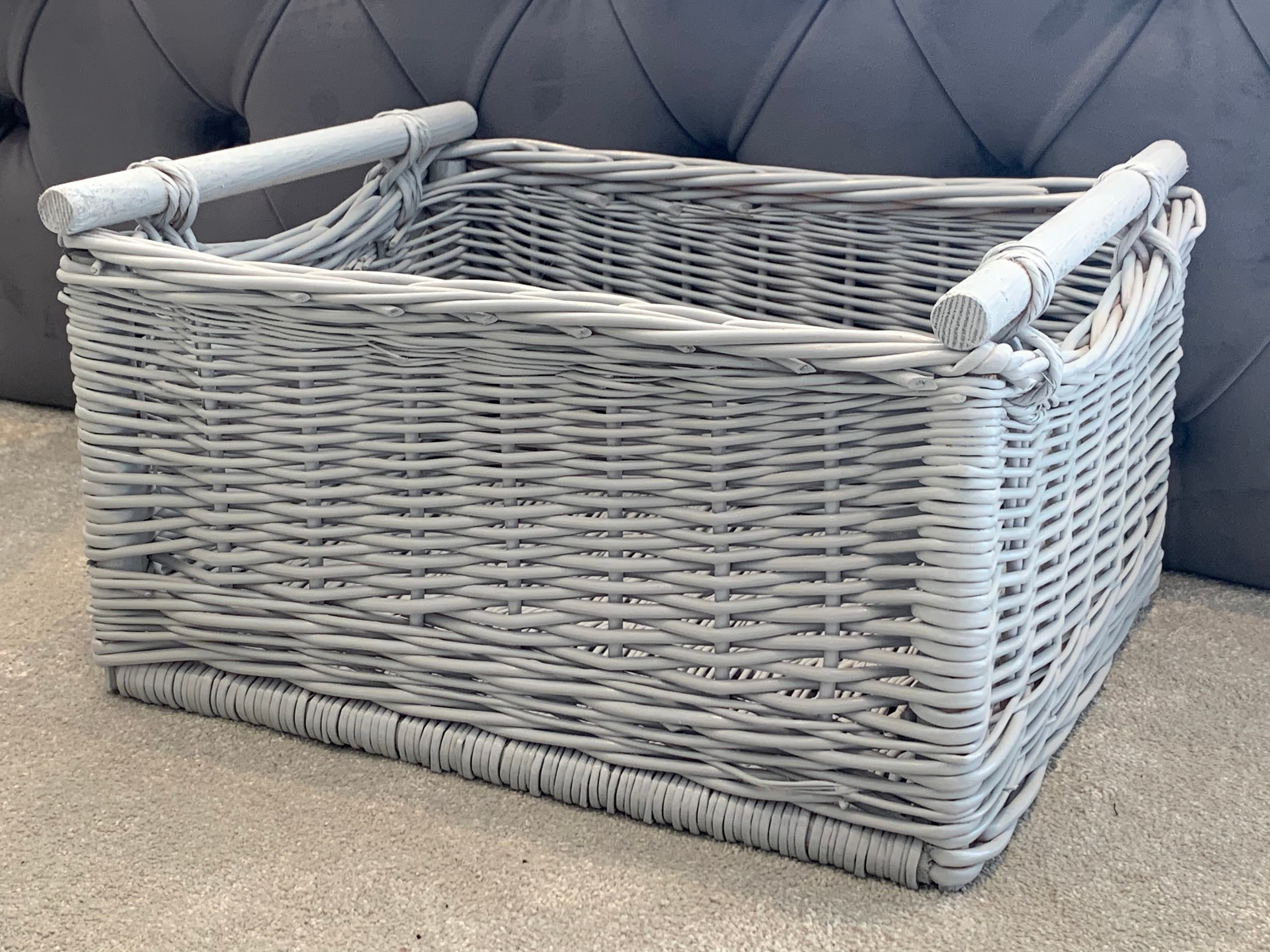 Grey Wicker Storage Crate Basket Wooden Handles / High Quality Etsy